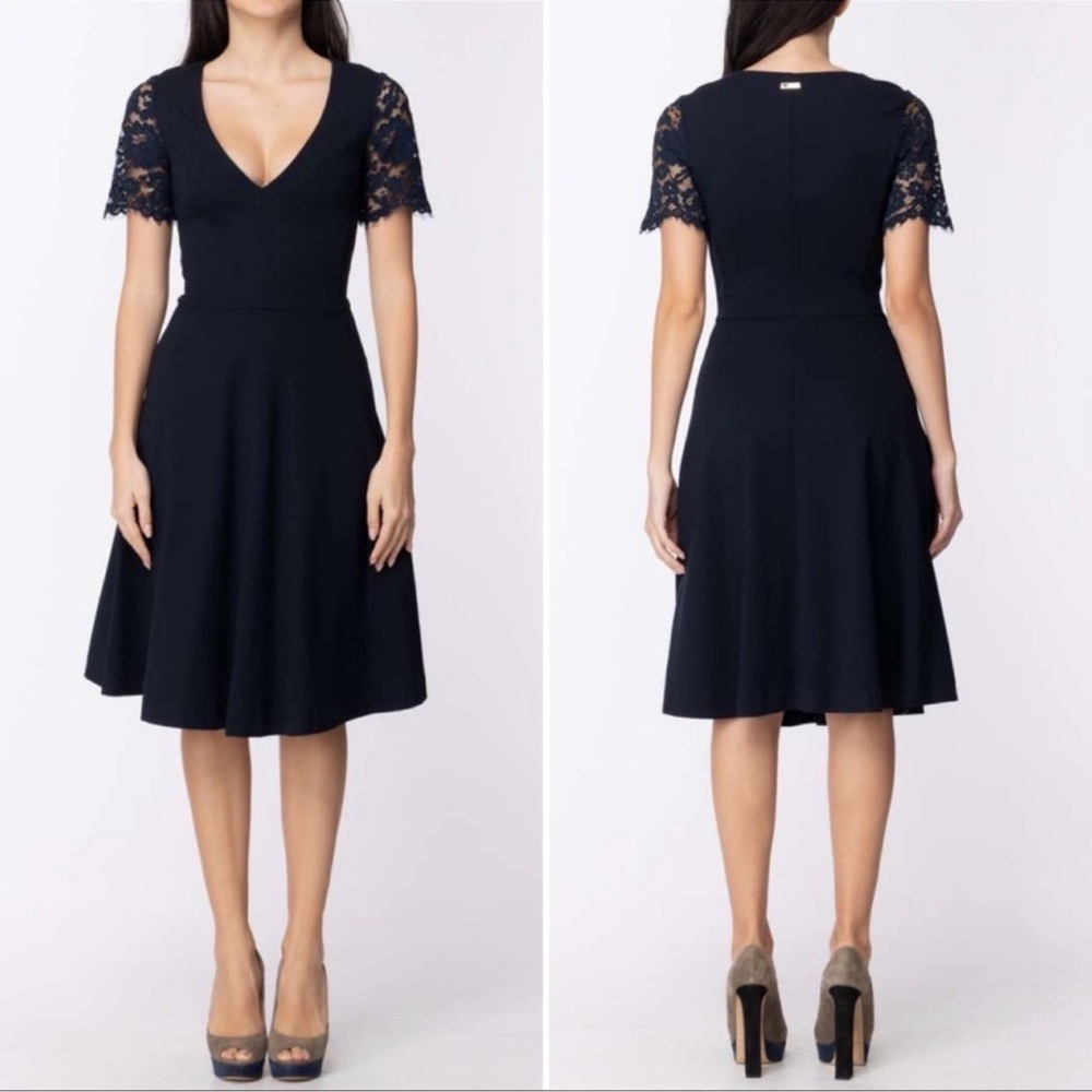 Twin-Set Navy Midi Dress with Lace Sleeves XS